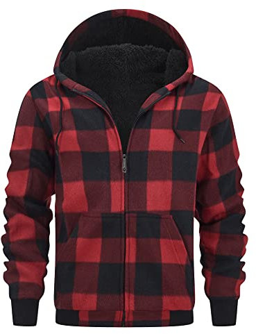 IGEEKWELL Fleecejacke Herren Karierte Hoodie Herren Hemdjacke Herren Gefüttert Sweatjacke Sweater Jacke Herren Strickjacke Herren Fleecepullover für Männer mit Taschen 0569-Rot-kariertes Muster XL