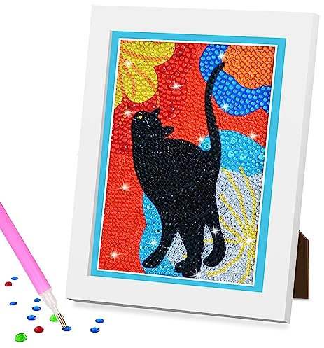 Diamond Painting Kinder, Diamant Painting Bilder Kinder Katze, Diamontpating Set mit Rahmen, 5D Diamond Painting Mädche, DIY Diamant Malerei Frauen Geschenk, Basteln Erwachsene für Home Wand Decor
