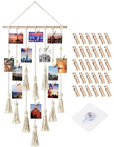 Makramee Wandbehang Hängender Fotowand mit 30 Holzklammern und Selbstklebender Haken Boho Deko Chic Gewebte Tapisserie Fotohalter für Wohnkultur Hochzeitsfeier Fotoseil 43x108cm(Cremeweiß)