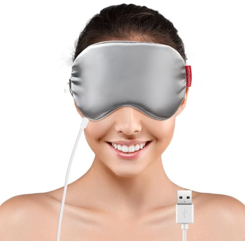 USB Beheizte Deluxe Seiden Schlafmaske, Silber,weiche Augenmaske mit Wärmetherapie zur Linderung von Augenbeschwerden und trockenen Augen,Sicher für Entspannung & Schlaf