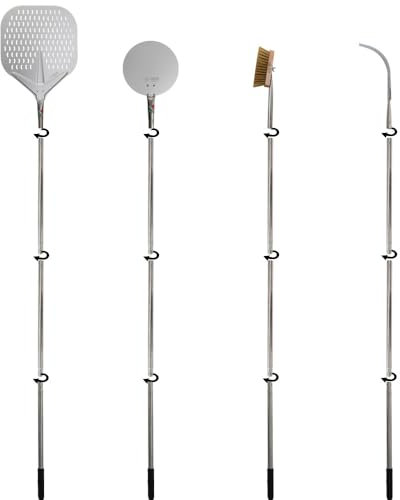 GIEMME Lot de pelles à pizza professionnelles avec manches démontables – 4 accessoires pour four - pelle perforée, pelle ronde, brosse à four, pelle à cendres – Aluminium et acier inox