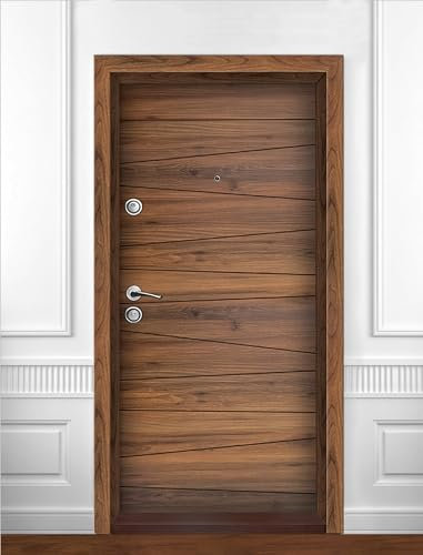 Portone Blindato Laminato Color Noce Design Moderno con Spioncino e 2 Serrature Indipendenti Riempito con Lana Minerale Porta 90x200 PL58 (Interna destra)