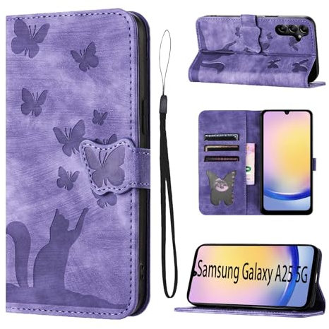 LSPCASA Klappschutzhülle Für Samsung Galaxy A25 5G 6.5 Zoll Standfunktion Samsung Galaxy A25 5G Hülle Mit Kartenfächern Samsung A25 5G Hülle Katzen Schmetterlingsmuster Lederhülle Lila