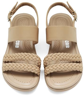 DUUCUB Damen Flache Sandalen Knöchelriemen Offene Zehe Sommer Geflochtene Sandale Strand Bequem Slingback Kleid Schuhe Beige EU 39