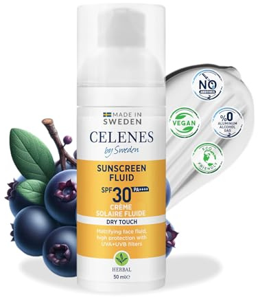 Celenes by Sweden Herbal Dry Touch Sonnencreme Fluid SPF30+ 50ml - Mattes Finish, UV-Schutz, Wasserfest, Parfümfrei