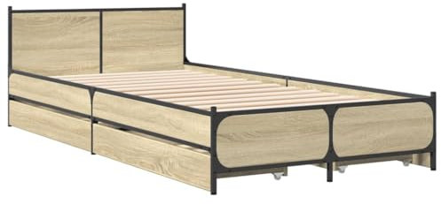vidaXL Bettgestell, Bett mit Schubladen, Bettrahmen mit Metallbeine Sperrholzlatten, Einzelbett für Schlafzimmer, Schubladenbett, Sonoma-Eiche 75x190cm Holzwerkstoff