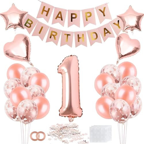 Geburtstag Luftballons Set 1. Geburtstag Mädchen Rosegold, Ballonpaket mit Happy Birthday Banner, Herz & Sternen Luftballons, Konfetti und Girlande für Mädchen 1. Geburtstagsparty Dekoration