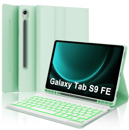 Funda Teclado Samsung Galaxy Tab S9 FE 10.9/S10 FE 10.9/S9 11, Teclado España Ñ Retroiluminación Bluetooth Inalambrico Desmontable para Samsung Galaxy Tab S10 FE/S9 FE 10.9/S9 11, Hierba Verde