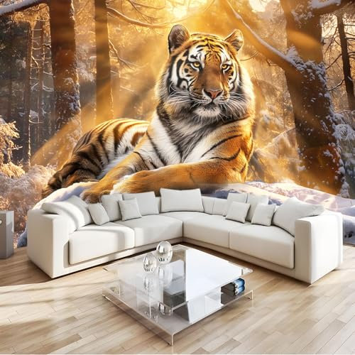Tapete Fototapete 3D Wandtapete Tiger im Winterwald, Wandbild Wanddeko für Wohnzimmer Schlafzimmer, Schneewald mit Goldener Beleuchtung Tapeten mit Geruchsfreiheit Wandposter Wandkunst, 200x140cm