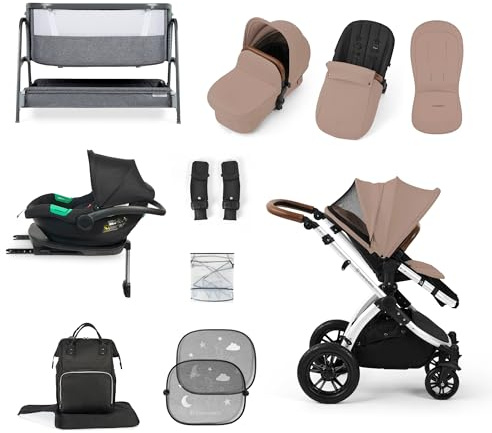 Ickle Bubba Stomp Luxe i-Size Cirrus Travel & Home 14-Piece Bundle with ISOFIX Base & Bubba&Me Bedside Crib – All-Terrain Pushchair with Accessories, Birth to 4 Years* (Silver/Desert/Tan)