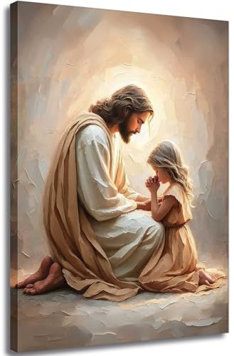 Kunstdruck auf Leinwand, Motiv: Jesus betend mit Mädchen, christliche Gemälde, Jesus mit Kindern, Wanddekoration, religiöse Bibelgeschichte, Poster, Drucke für Wohnzimmer, Schlafzimmer, Kirche,