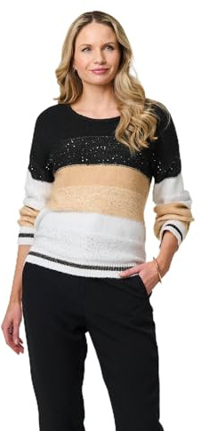 Izabel London Colour Block Drop Shoulder Knit Jumper for Women UK with a Boat Neck and Long Sleeves. Beige