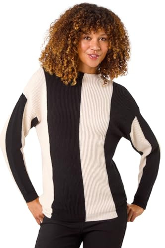 Roman Originals Colour Block Soft Knit Jumper for Women UK - Ladies Everyday Autumn Winter Funnel Neckline Comfy Soft Evening Vacation Work Party Night Out