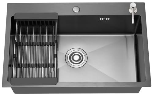 STANEW Fregadero Cocina 1 Seno 68 x 45 cm, Acero Inoxidable Fregadero Negro Sobre Encimera, con Escurridor Extensible y Dispensador de Jabón, Filtro de Drenaje