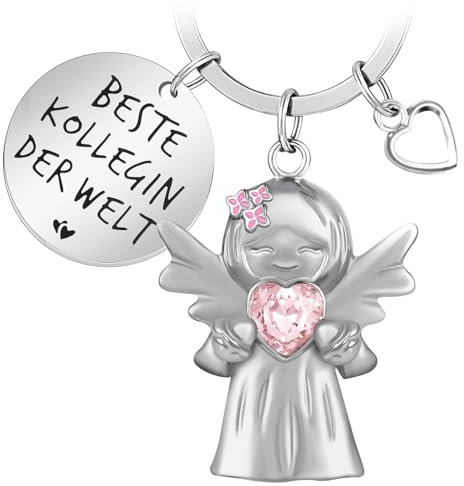 YnewL Beste Kollegin Schlüsselanhänger Schutzengel Glücksbringer Matt mit Edelsteinen, mit Herz und Gravur - Abschied Kollege Abschiedsgeschenk(Rosa)