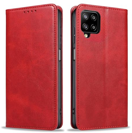 LBH Handyhülle Smartphone-Hülle für Samsung Galaxy A12 Klapphülle Magnetverschluss Kartenfächer Geldfach Standfunktion Case Etui Rundumschutz Schutzhülle Rot