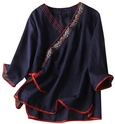 Vêtement de style chinois pour femme - Coton et lin - Broderie élégante - Grandes tailles - Tunique élégante - Col en V - Vintage - Manches 3/4 - Tunique enveloppante - Tang