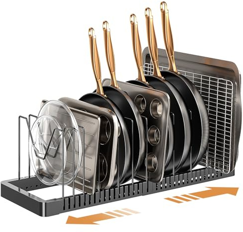PanPanPal Pots and Pans Organizer Rack for Cabinet, Expandable Pot Lid Organizer Holder with 12 Adjustable Compartment, Kitchen Cabinet Organizer for Lids & Bakeware - Pantry & Countertop Storage Rack