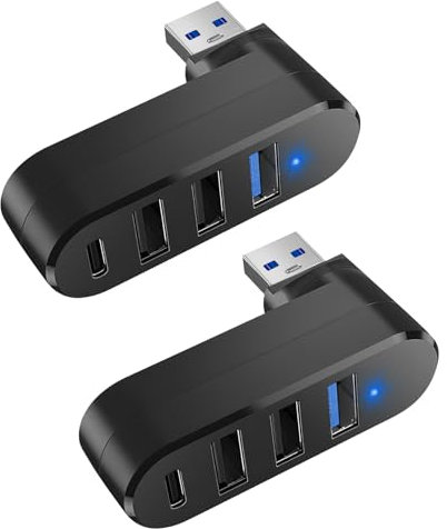 Divisor USB de 4 puertos para coche, 2 extensores USB giratorios de 90°/180° con 3 puertos USB y 1 alimentación tipo C, adaptador multipuerto para laptop, coche, teléfono móvil, color negro