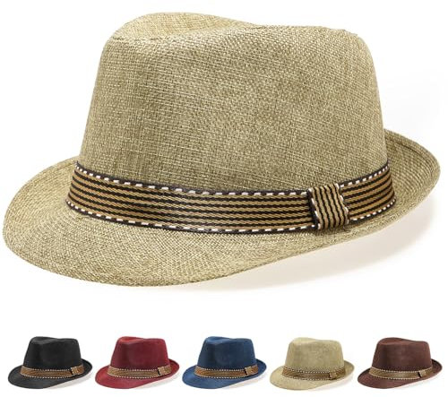 Initlove Mens Fedora Hat Unisex Classic Panama Hats Short Brimmed Trilby Hats Khaki
