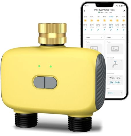 Dual Port WiFi Water Timer Irrigation,WiFi Remote Controlled Automatic Watering System Compatible with Alexa and Google,with Remote and Voice Control for Garden/Lawn/Orchard Irrigation (Yellow)