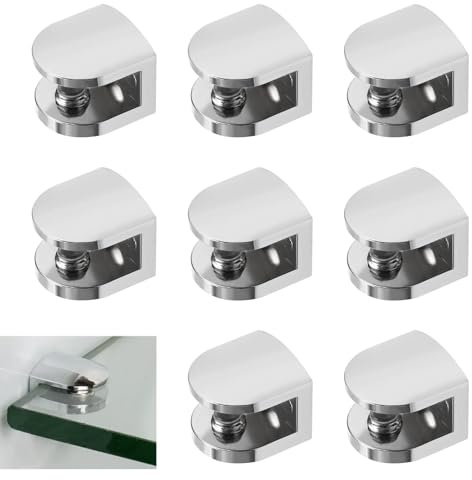 8 PCS Glass Shelf Brackets, Zinc Alloy Glass Clamps Heavy Duty, Wall Mounted Metal Shelf Supports Bathroom, Adjustable for 6-8 MM Thick, Corrosion Resistant Floating Shelf Holder for Home & Office