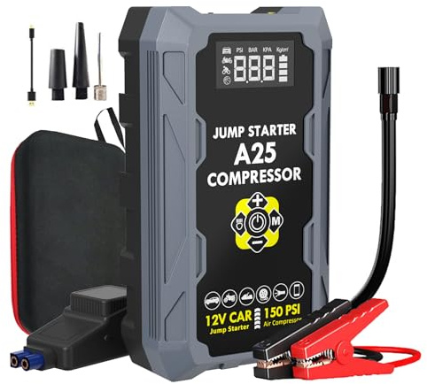 5000A Jump Starter Power Pack with 150PSI Air Compressor, 8-in-1 12V Car Battery Booster Jump Starter for All Petrol/6.5L Diesel Engines, Power Bank with QC3.0, LCD Screen & LED Light