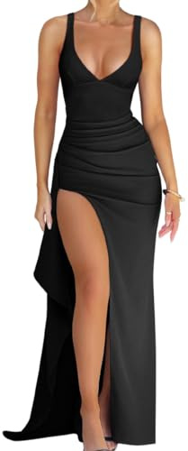 AOWVUTS Robe de Soirée Longue pour Femme Robes Cocktail Sexy sans Manches Maxi Robe Col en V Bretelles Spaghetti Chic Élégante Robes Fendue Haute Moulante pour Bal Mariage Party Gala Promo