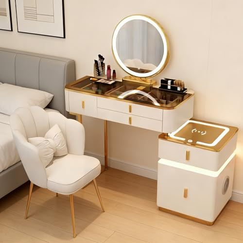 JIANRUI Schminktisch und Stuhl Set mit LED-Leuchten, 3-farbig dimmbar Waschtisch mit 5 Schubladen Schminktisch Ladestation für Schlafzimmer (Weiß-Gold, 100cm)
