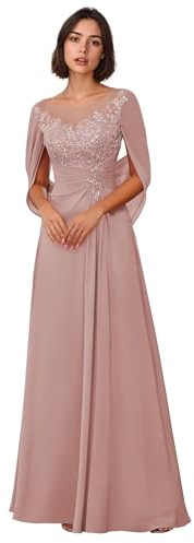 HAIBFJIN Robe de soirée en mousseline de soie avec cape pour la mère de la mariée avec dentelle pour mariage, vieux rose, 46