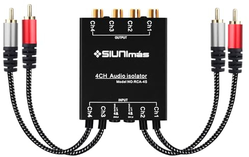 SIUNIMAS Pro RCA 4 Channels Ground Loop Isolator with Nylon Braided Cord Car and Home Theater Using Noise Filter with Ground Lift Durable Metallic Box Design (SIM-4CH-RCA04A)