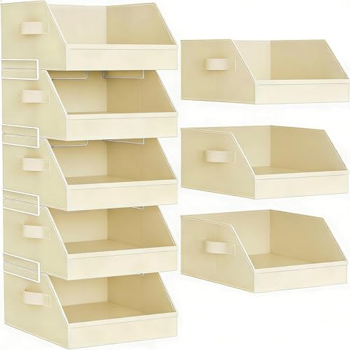 Homsorout 5 Tier Wardrobe Storage Organiser - Fabric Storage Boxes with Handles, Stackable Cubes for Shelves, Living Room, Bedroom, Beige