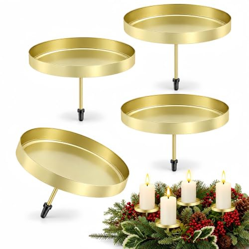 4er Kerzenhalter zum Stecken, Ø 8 cm Kerzenteller für Adventskranz | Metall-Kerzenteller mit Steckdorn; für Stumpenkerzen, Adventskranz und Weihnachtsdeko