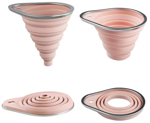 YapitHome 2er-Set Faltenbare Silikon-Trichter, Metallstahlrand, Pink | Groß + Klein, Zusammenklappbar, Für Öl, Bier & Lebensmittel-Flüssigkeitsübertragung