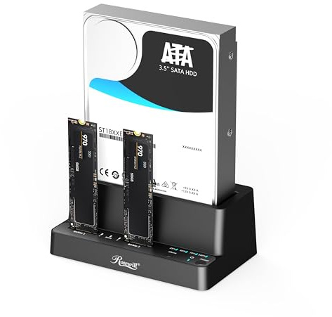Rosewill M.2 NVMe & SATA SSD / 2.5 & 3.5 HDD Hard Drive Cloner & Reader Docking Station, USB 3.2 Gen 2x1 10Gbps, Triple Bay, Offline Cloning, Tool-Free - RS-N2S-CL