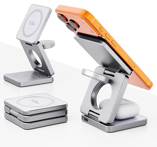 Kitbox Qi2.2 25W Magnetic Wireless Charger Foldable 3 in 1 Charging Station for Apple Device for iPhone 17/16/15/14/13/12, Fast Wireless Charging Dock for Apple Watch & AirPods, Travel Design,silver