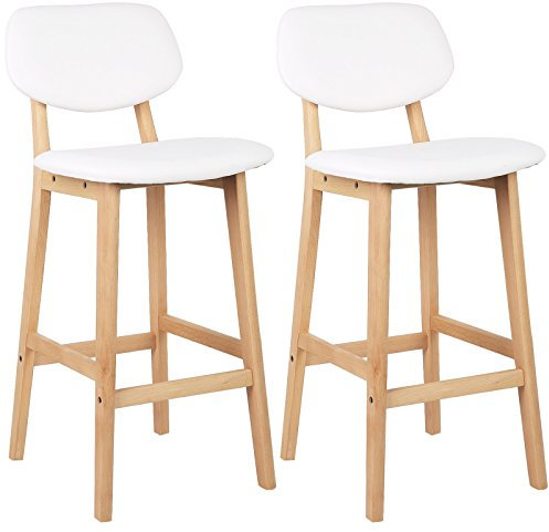 WOLTU Juego de Taburetes de Bar Bien Acolchado Asiento y Respaldo de Cuero Artificial de Diseño Madera Blanco