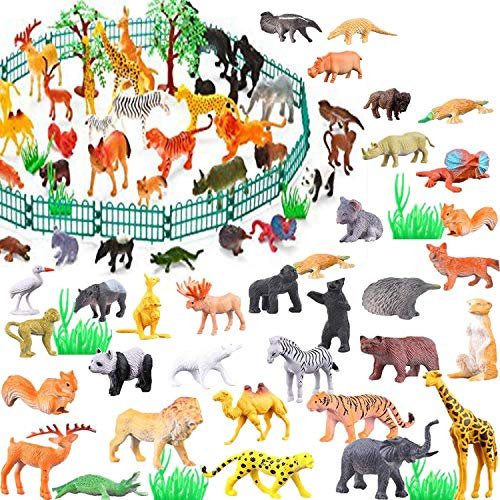 53 Pieces Animal Figures Toy Set - Plastic Educational Jungle Animal Toys for Boys Girls Kids Toddlers Farm Small Animals Includes 32 Mini Animal Figures,16 Fences, 4 Grass and 1 Trees