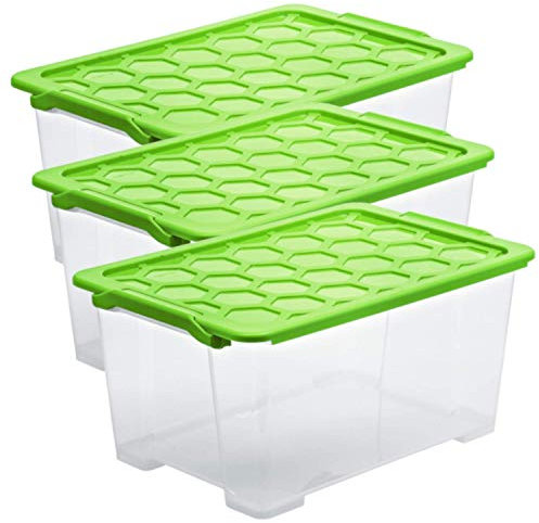 Rotho Evo Safe 3er-Set Aufbewahrungsboxen 44l mit Deckel, lebensmittelechter Kunststoff, grün/transparent