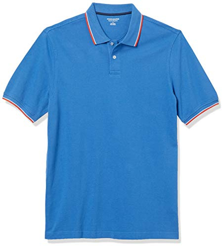 Amazon Essentials Men's Regular-Fit Short-Sleeve Cotton Piqué Polo Shirt (Available in Big and Tall), Blue Red White Stripes, L
