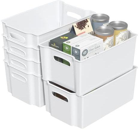Qqbine Plastic Stackable Open Storage Boxes, Plastic Storage Baskets for Freezer, White, 6 Packs