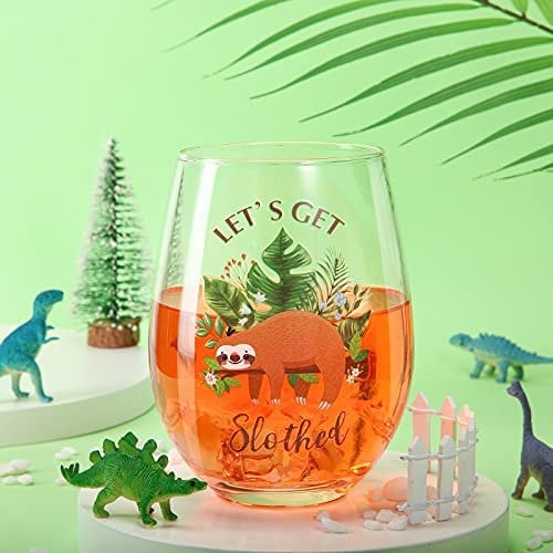 Patelai Let's Get Slothed Stemless Wine Glass Gift Funny Sloth Mug Gift for Sloth Lovers Him Her Men Women Friend Family Coworker BFF Present Wine Glass Present, 17 oz