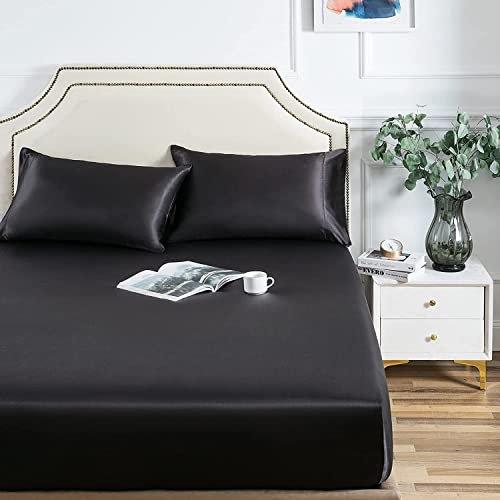 Damier Satin Spannbettlaken 100x200cm Schwarz Seide Glänzend Spannbetttuch Hochwertiges Satin Deluxe Bettlaken, geeignet für Matratzen bis 25cm