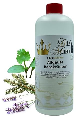 Dufte Momente | Sauna Aufguss Konzentrat Allgäuer Bergkräuter 1 Liter | naturreine und natürliche ätherische Öle | für Finnische Sauna, Banja, Biosauna, Sanarium, … | vegan und ohne Tierversuche