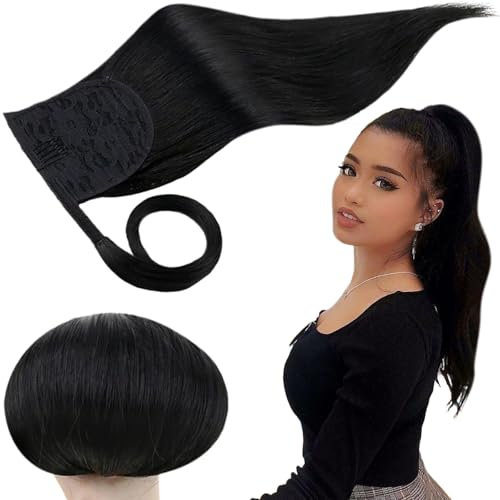 RUNATURE Echthaar Zopf Schwarz 45cm Gerade Echte Haare Ponytail Extensions Echthaar Schwarz Glatt Menschliches Haar Pferdeschwanz Extensions Echthaar 80g Farbe #1
