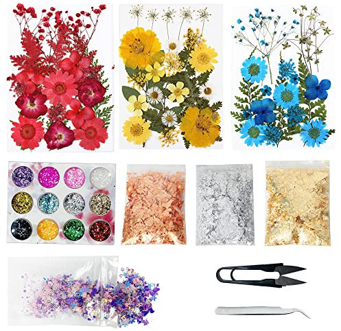 Cayway 82 Stück Getrocknete Gepresste Blätter, Natürliche Getrocknete Blumen, Epoxidharz Zubehör Set mit Glitzer für DIY Harz Schmuck Nail Crafts Art Blumendekoration