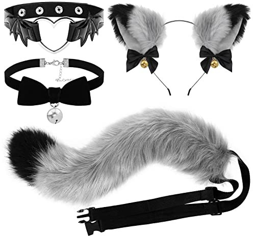 XEPST Katze Cosplay Kostüm Set, Schwanz und Ohren Set Faux Furry Fox Wolf Tail Kit mit Langer Fuchsschwanz und Ohren und Glockenkragen für Karneval Party Dekoration Kostüm Dressing Parteien, Grau
