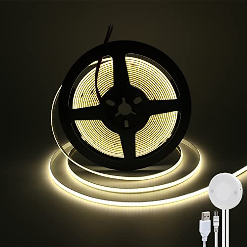 Wisada Dimmbar COB LED Band 3m, DC 5V 320LEDs/m Flexibler LED Lichtband mit USB Sensor, Innenbereich Nicht Wasserdichte Naturweiß COB LED Streifen mit Berühren Dimmer für Hausschrank(FPCB:5MM)