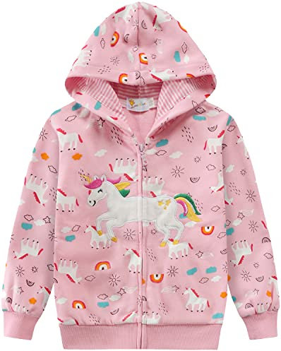 EULLA Kinder Mädchen Zip Up Hoodie Sweatjacke Kapuzenjacke Kapuzenpullover Langarm Baumwolle Rosa Einhorn Regenbogen Pullover Hoody Sweatshirt mit Reißverschluss 5# Rosa Einhorn Regenbogen DE 116
