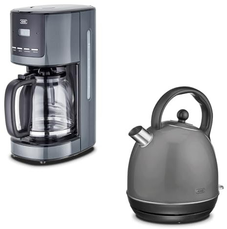 KHG Frühstücksset Wasserkocher & Kaffeemaschine Dunkelgrau Anthrazit, Kessel-Kocher 1,7 Liter, 360° Sockel, Kalkfilter, Kontrollleuchte, 12 Tassen Kaffee, LCD-Display mit Timer, Tropfstopp